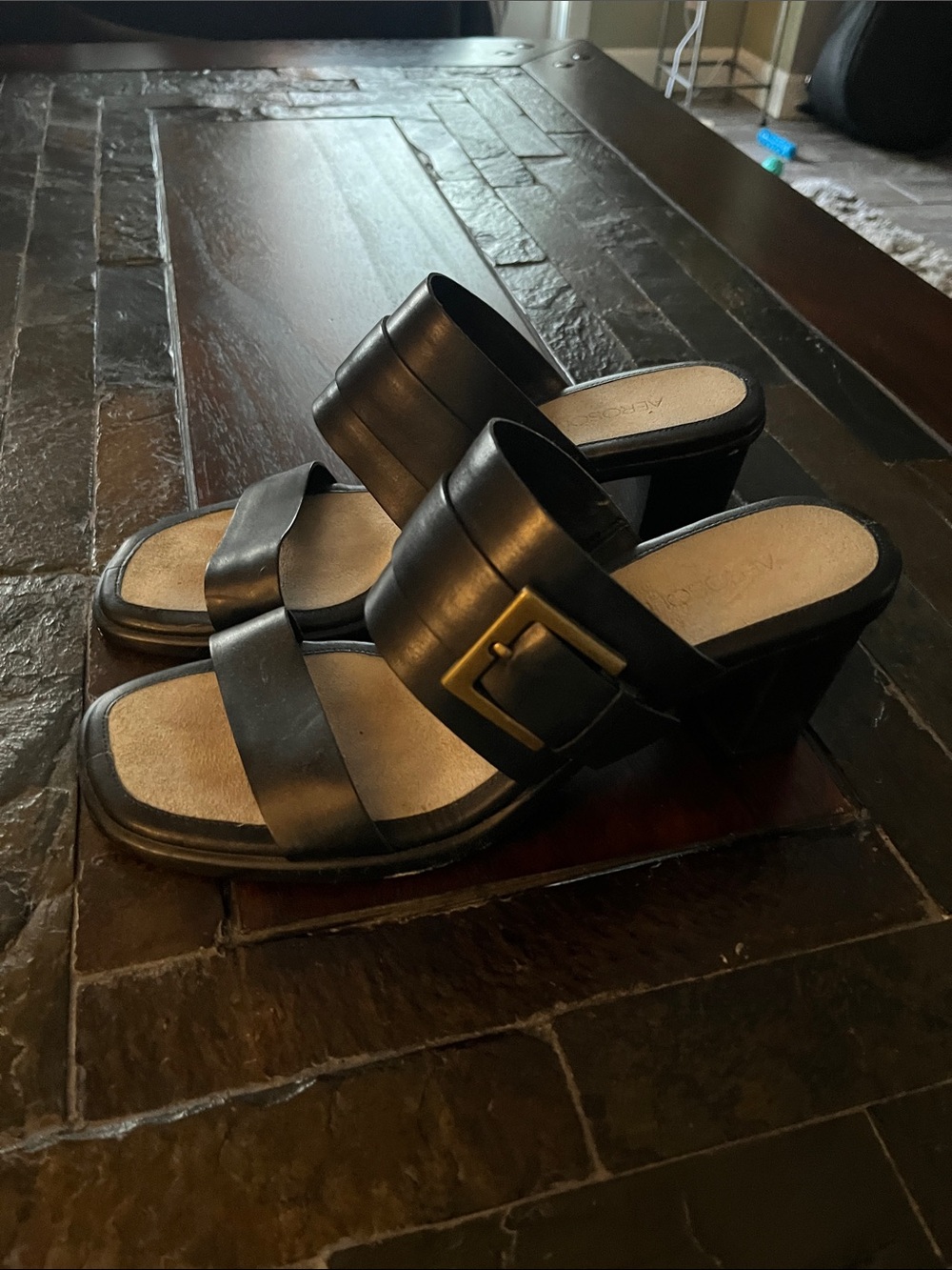 Aerosoles Black Leather Block Heel Slide Sandals with Buckle